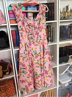Pink Citrus Floral Fit-and-Flare Midi Dress